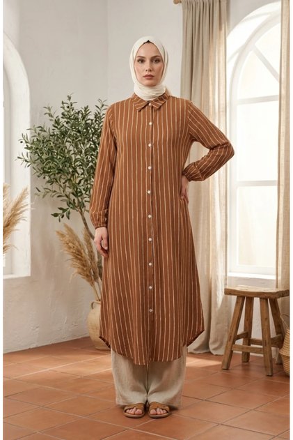 Muslin Fabric, Button-Down Striped Tunic 0342-02, Brown.