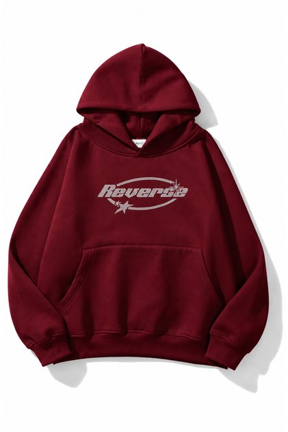 Reverse Tasarım Sweatshirt - Bordo BASKILI Oversize Şardonlu Kapüşonlu
