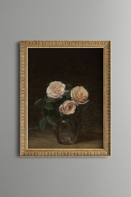 Three Roses in a Vase - Vintage Patterned Painting - Slim Frame