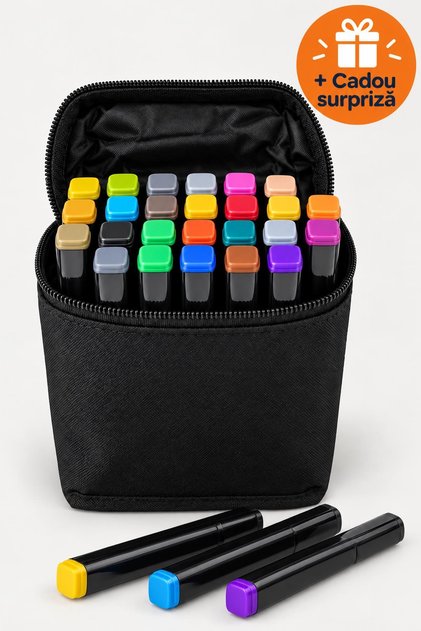 Carioci Colorate Set 24 Bucăți pentru Desen, Colorat și Schițe, în Borsetă cu Fermoar, Multicolor