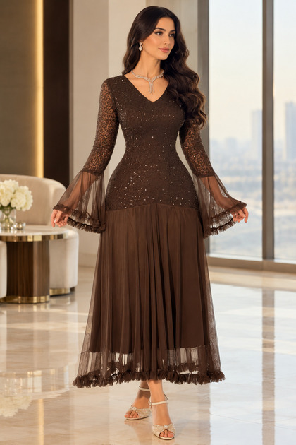 Brown Luxury Sequin Embroidery Evening Dress with Puff Sleeves