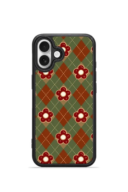 iPhone 16 Vorian Black Hole Case, Green with Burgundy Floral Plaid Pattern.