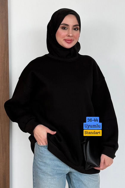 Women's 3-Thread Brushed Inside Crew Neck Basic Modest Sweatshirt 3269 Black