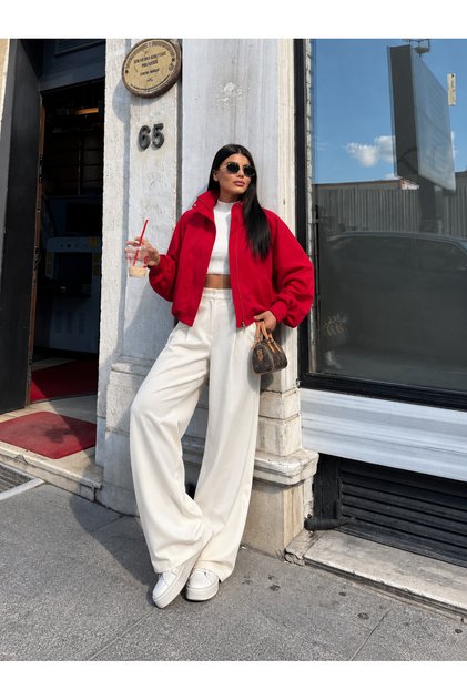 Women's Red Oversized Mock Neck Zipper Jacket