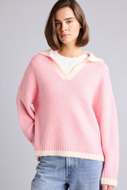 Oversized Polo Collar Sweater with Contrast Details, Wool Blend, Basic Style H2424Ax26Wn