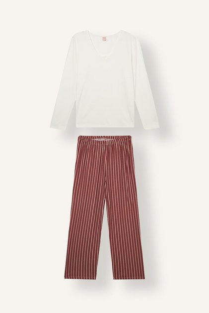 Regular Fit V-Neck Long Sleeve Striped Pajama Set J1262Ax26Au