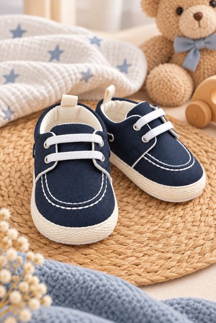 Navy Blue Lace-Up Casual Sports Shoes with Soft Sole and Stitching Details for Baby Boys (4-12 Months / Size 18-19) - Lnc-5203