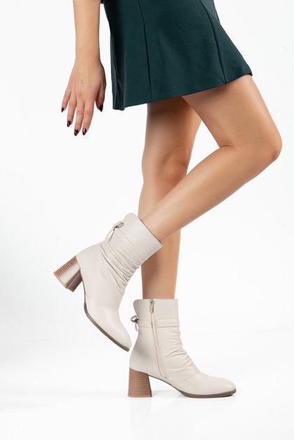 Women's Genuine Leather High-Heeled Boots with Ruched Detail - Cream