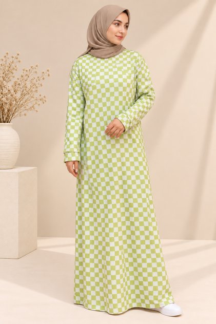 Lime Green & White Checkered Printed Maxi Dress