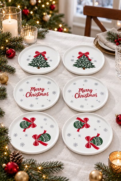 Merry Christmas 6’lı 16 cm Yılbaşı Desenli Seramik Pasta ve Tatlı Tabağı Seti
