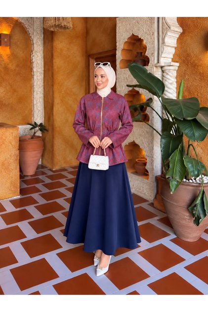 Women's NEBULA Puff-Sleeve Sandy-Print Zippered Ruched Waist Jacket and Flared Skirt Two-Piece Set