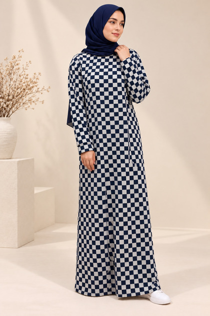 Navy Blue & White Checkered Printed Maxi Dress