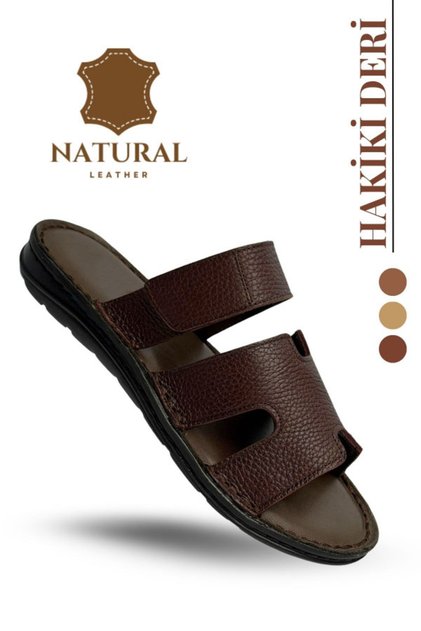 Papuci pentru bărbați din piele naturală - Papuci pentru bărbați din piele naturală cu velcro, cu talpă moale și groasă, maro seringil