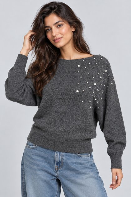 Off-Shoulder Sweater with Rhinestones