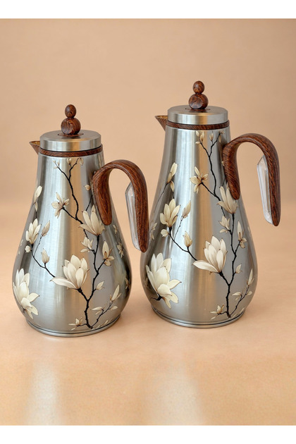 Trams Tea and Coffee Set 2 Pieces with Flower Pattern, Steel Exterior, Glass Interior, Capacity 1 Liter and 0.7 Liter