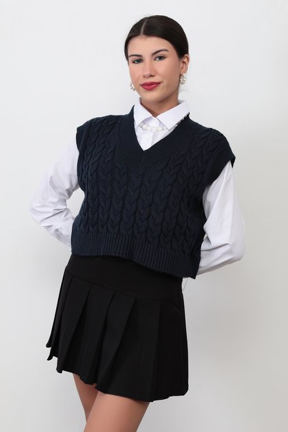 Women's Navy Blue V-Neck Cropped Knit Sweater with Braided Pattern - 4007