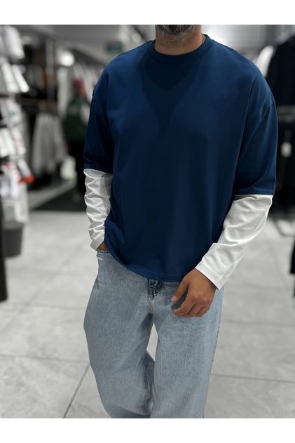 Lacivert Kolu Parçalı İnce Oversize Sweatshirt PM-206