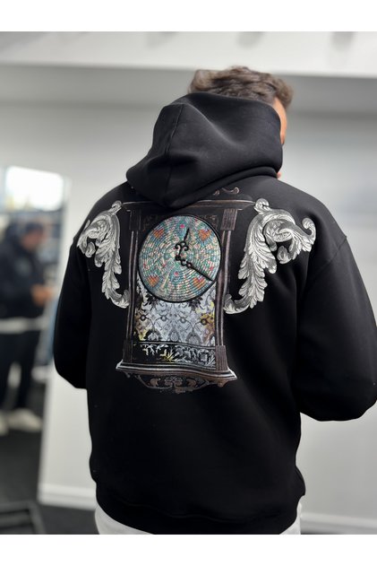 Black Hooded Sweatshirt with Back Print and Clock Design SW-5254