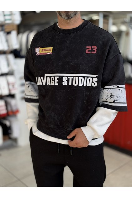 Siyah Ravage Baskılı Yıkamalı Sweatshirt ES-188