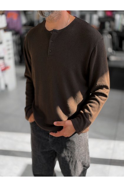 Kahve Yaka Düğmeli Örme Sweatshirt MRK-2887