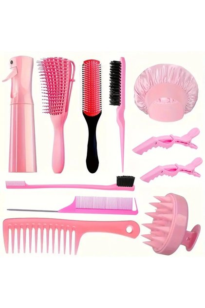 11pc--pink comb 11 pcs High Quality Hair Brush Comb Set,with Hair Spray Bottle Scalp massager ,Wet D