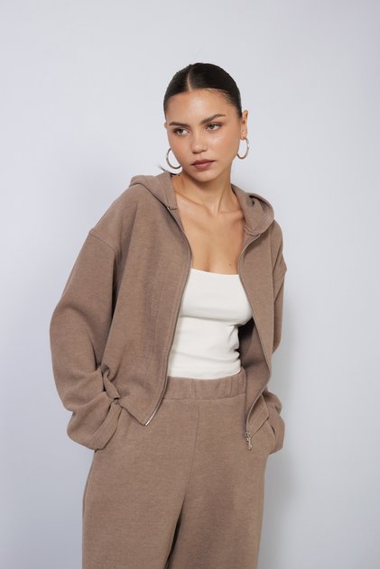 Soft-Textured Mink Cardigan with Hood and Zipper