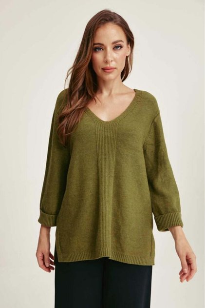 Loose Fit V-Neck Knit Top Green