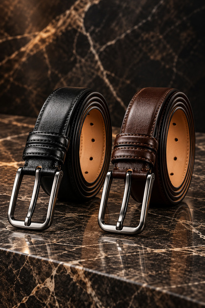 2-Piece Set of Men's Classic-Stitched Genuine Leather Belts – Stylish Design with Metal Buckles – Black and Brown (2 Pieces)