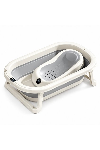 Set cădiță pliabilă bebeluși DMV SOLUX, suport anatomic detașabil, afișaj digital temperatură, 72 x 45 x 18,5 cm, alb/gri