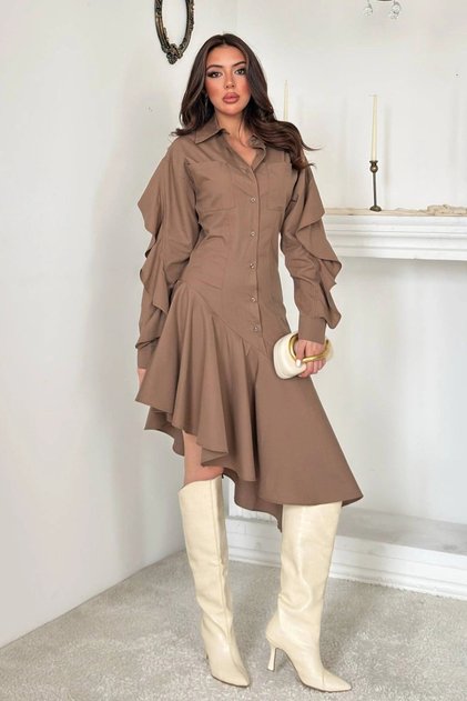 Women's Camel-Sleeve Ruffled Cotton Shirt Dress