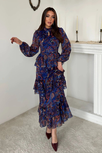 Women's Cobalt Blue-Patterned, Lined, Drapey Chiffon Dress