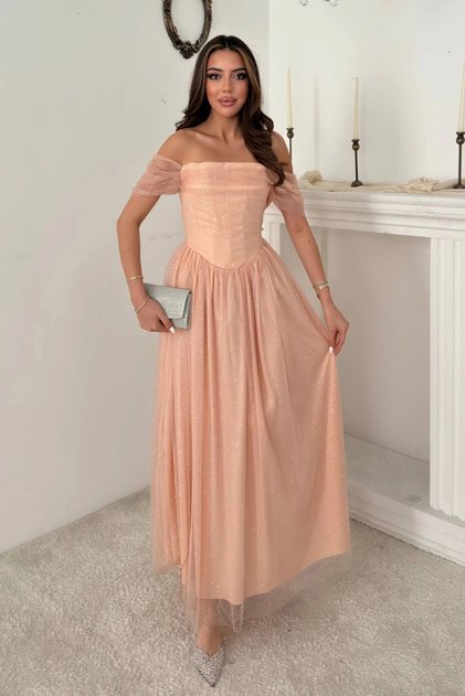 Women's Powder Pink Glittery Tulle Evening Gown