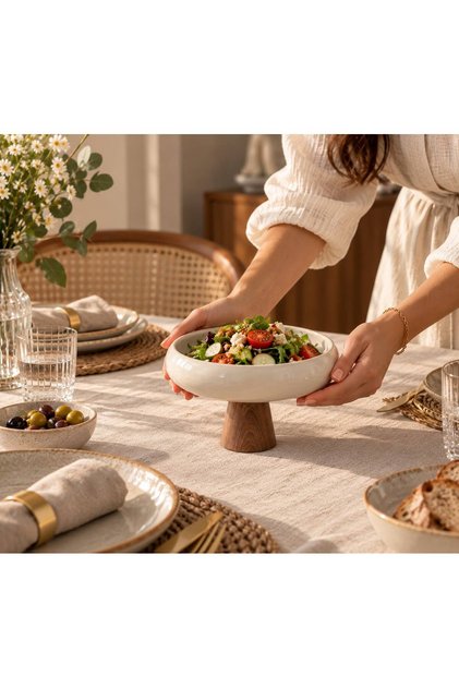 Porcelain Serving Set with Wooden Stand—Serving and Appetizer Plate, serving set, serving plate 22 cm