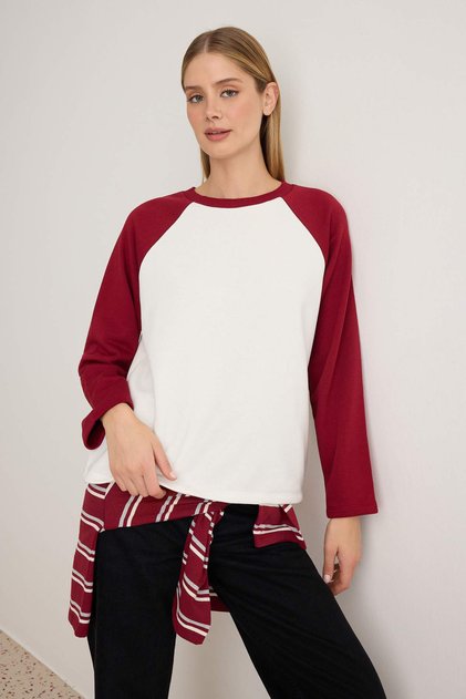 Ekru Bordo Reglan Kol Renk Bloklu Kalın Örme Sweatshirt TWOAW27SW00251