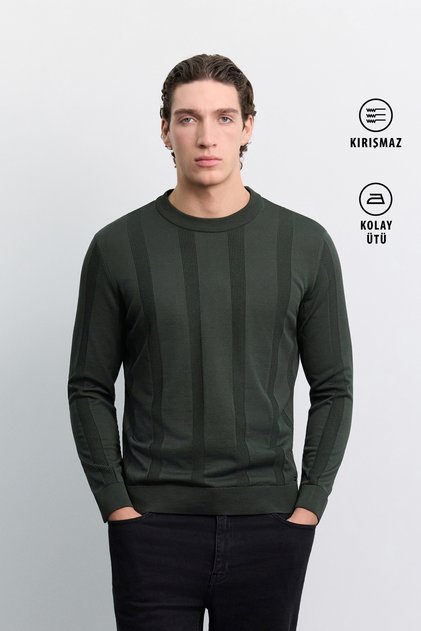 Men's Khaki Crew Neck Easy-Iron Wrinkle-Resistant Long Sleeve Regular Fit Knitwear Sweater A62Y5001