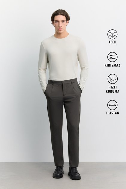Men's Anthracite Side Elastic Anti-Wrinkle Technical Fabric Slim Fit Trousers A62Y3014