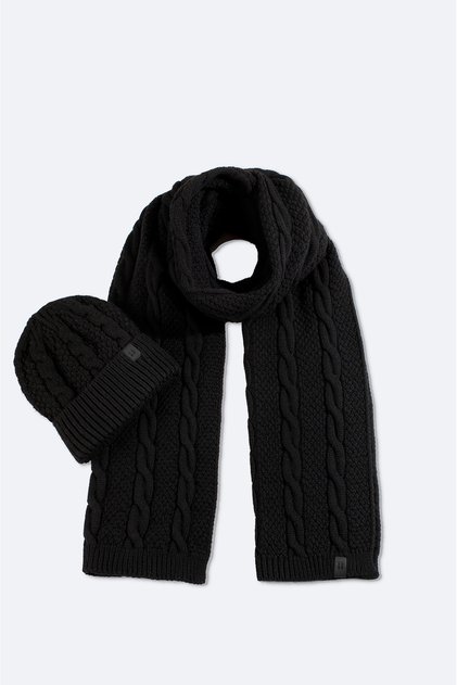 Men's Black Jacquard Knitwear Scarf Beanie Set A52Y9220