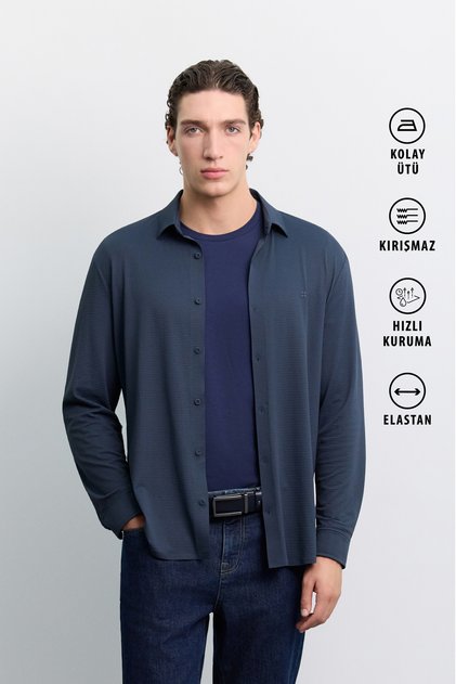 Men's Indigo Paste Detailed Textured Technical Classic Collar Long Sleeve Regular Fit Shirt A62Y2000