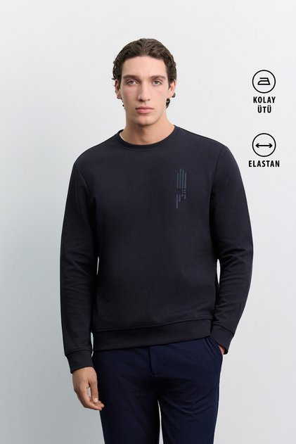 Men's Navy Blue Crew Neck Easy-Iron Printed Cotton Regular Fit Sweatshirt A62Y1297