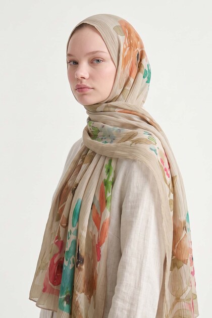 Leaf-Patterned Muslin Shawl, Beige