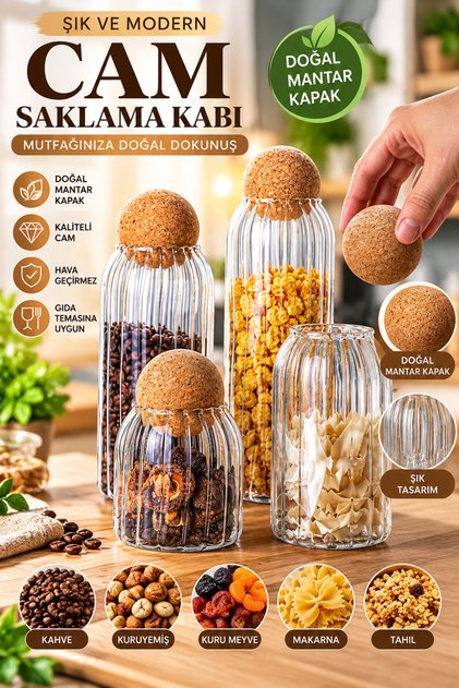 Set of 4 Glass Jars with Cork Lids and Spice Rack Set with Striped Pattern (500-700-1000-1250 ml)