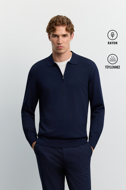 Men's Navy Blue Polo Collar Zippered Rayon Non-Pilling Basic Knitwear Regular Fit Sweater B005150