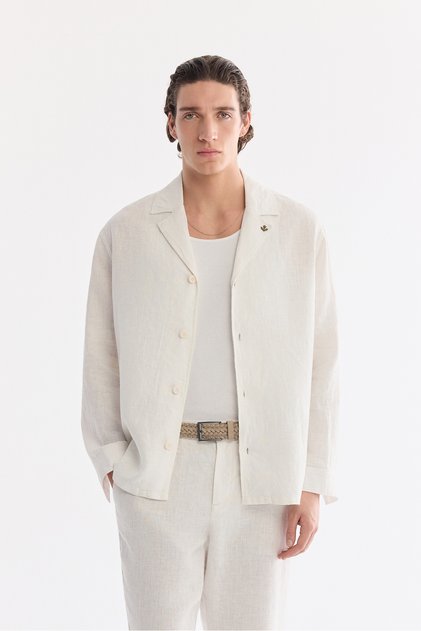 Men's White Apaj Collar Breathable 100% Linen Comfort Fit Shirt Jacket A61Y2114