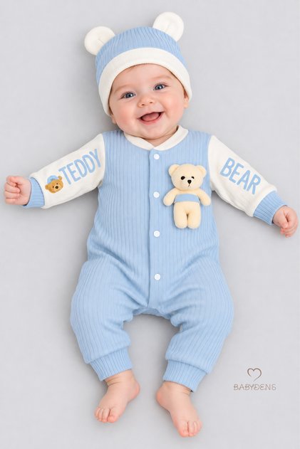 Teddy Bear Themed Newborn Ribbed Romper Set with Teddy Bear Baby Romper and Hat Set 100% Cotton Seasonal