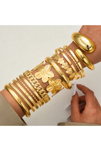 AYA6646301 13 Pcs Vintage Minimalist Flower Hollow Chain Bangle Set For Women Fashion Gold Color Wat