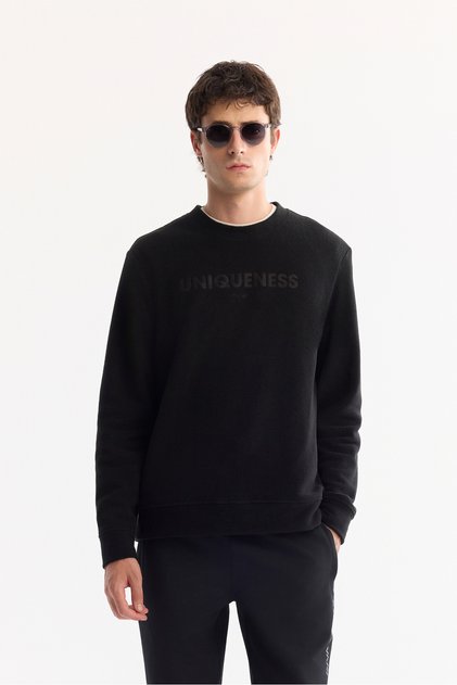 Men's Black Crew Neck Soft Touch Printed Fleece Regular Fit Sweatshirt A52Y1269