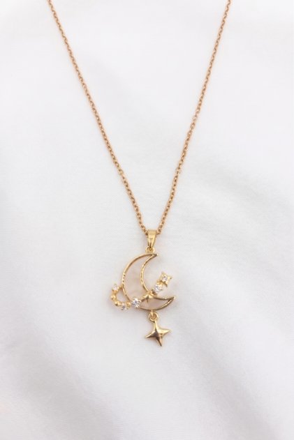 White Moon Model Dangle Stainless Steel Gold Color Women's Necklace with Shooting Star Detail