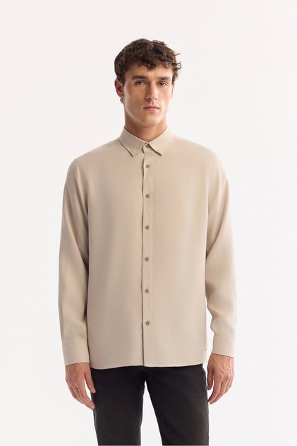 Men's Stone Buttoned Collar Soft Touch Comfort Fit Shirt A52Y2064