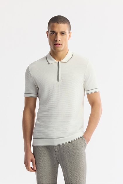 Men's Ecru Polo Neck Textured Rayon Knitwear Regular Fit T-Shirt A51Y5165