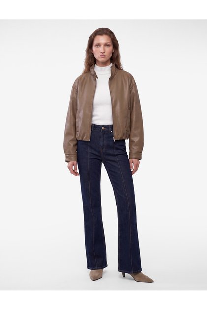 Long-Sleeved, Zippered Pocket, Mock Neck, Faux Leather, Bomber Jacket